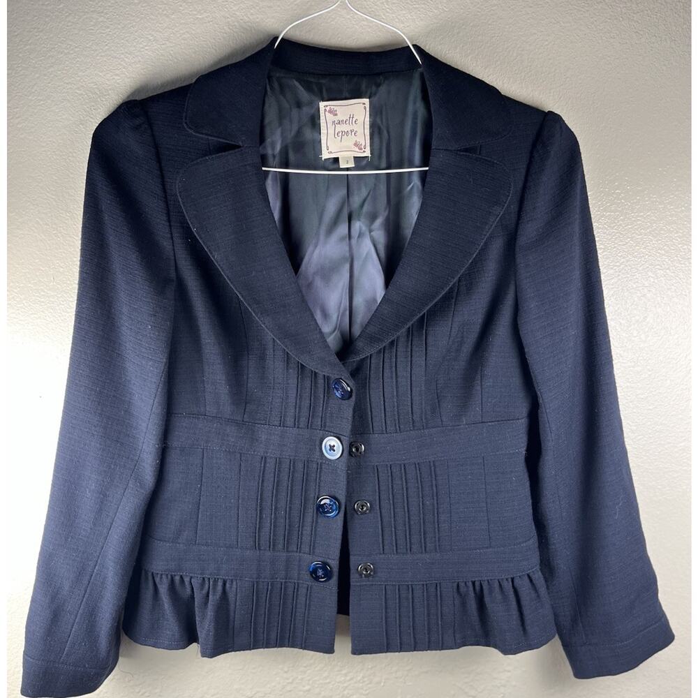 Vintage Nanette Lepore Women's Navy Blue Pintuck Ruffle Peplum Blazer Jacket 2